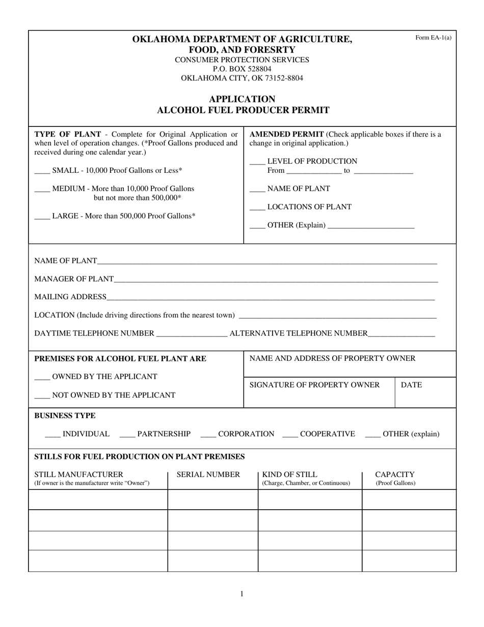 Form EA-1 Alcohol Fuel Producer Permit Application - Oklahoma, Page 1