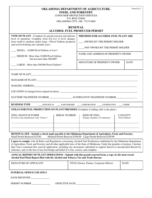 Form EA-2 Alcohol Fuel Producer Permit Renewal - Oklahoma