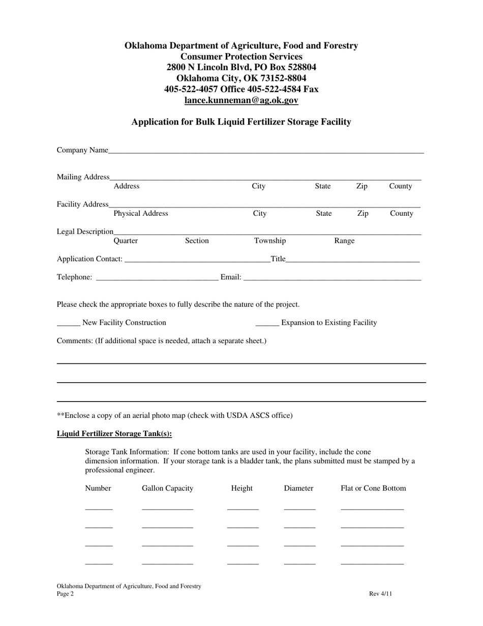 Application for Bulk Liquid Fertilizer Storage Facility - Oklahoma, Page 2