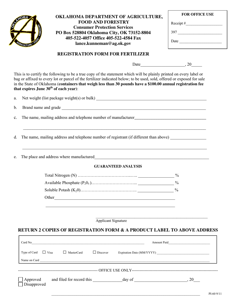 Form PI-60 Registration Form for Fertilizer - Oklahoma, Page 1