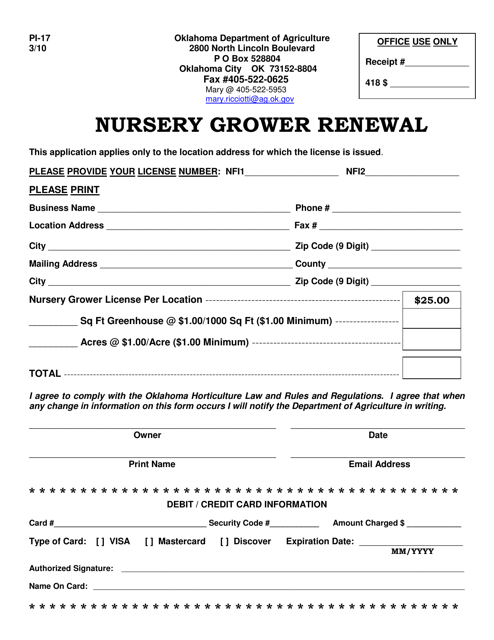 Form PI-17 Nursery Grower Renewal - Oklahoma
