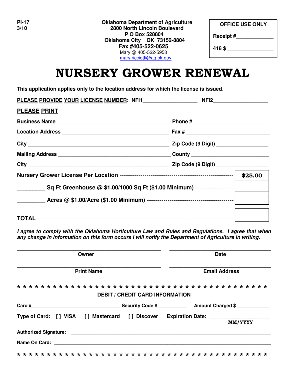 Form PI-17 Nursery Grower Renewal - Oklahoma, Page 1
