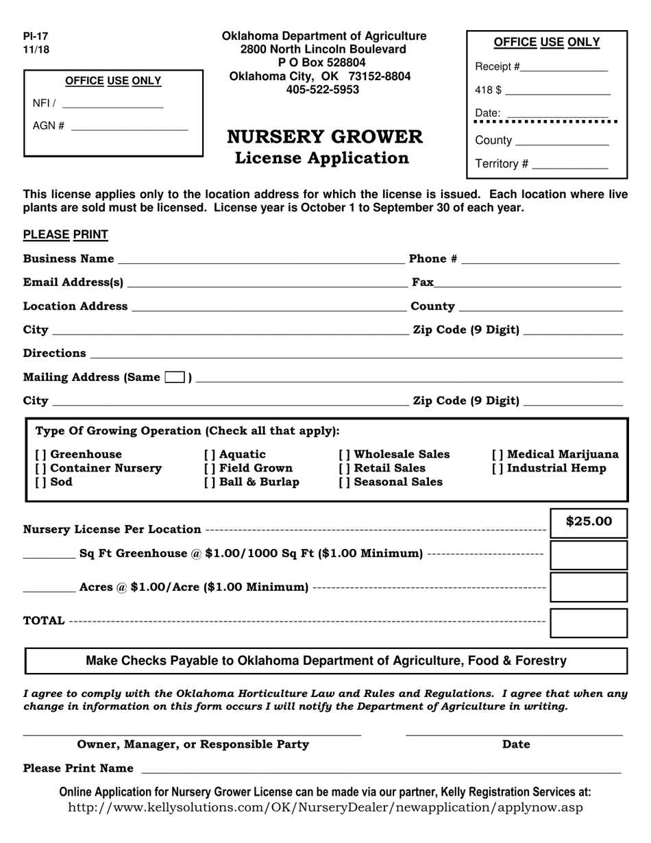 Form PI-17 Nursery Grower Licence Application - Oklahoma, Page 1