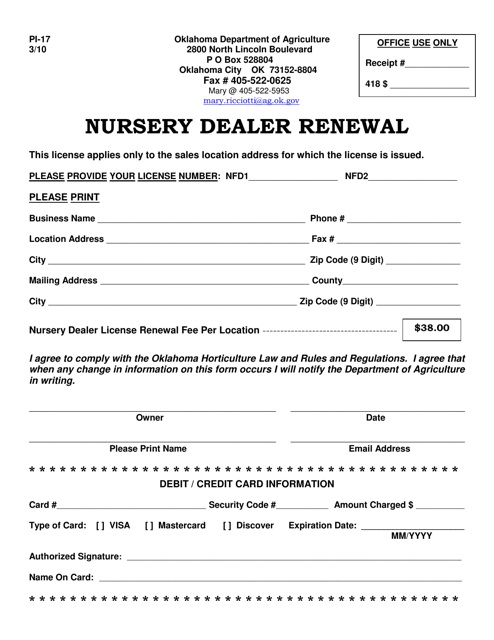 Form PI-17 Nursery Dealer Renewal - Oklahoma