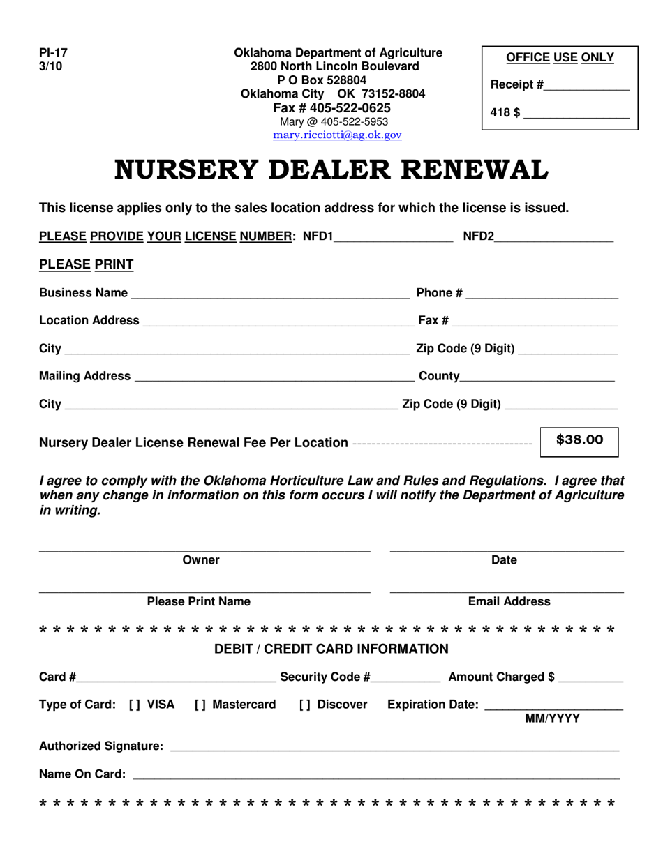 Form PI-17 Nursery Dealer Renewal - Oklahoma, Page 1