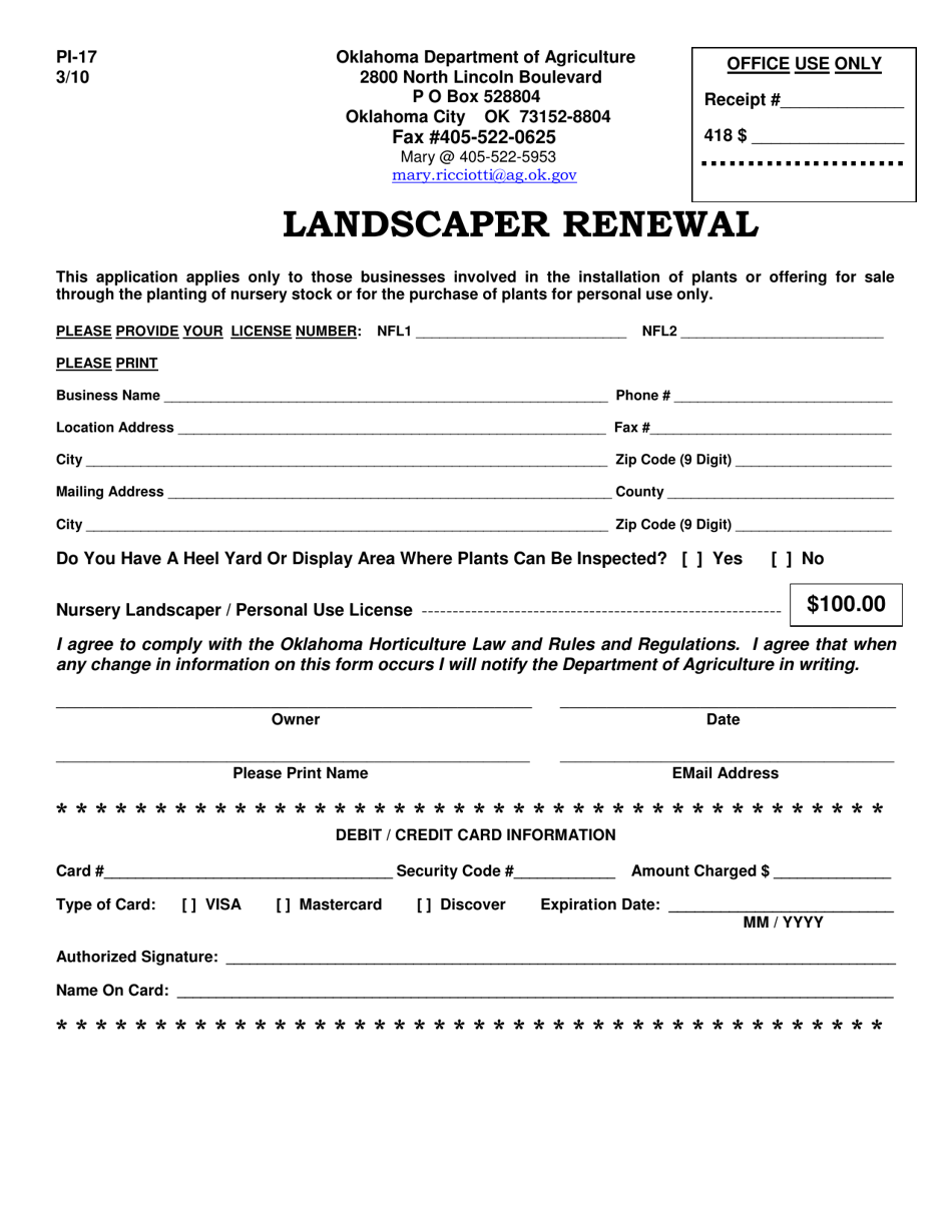Form PI-17 Landscaper Renewal - Oklahoma, Page 1