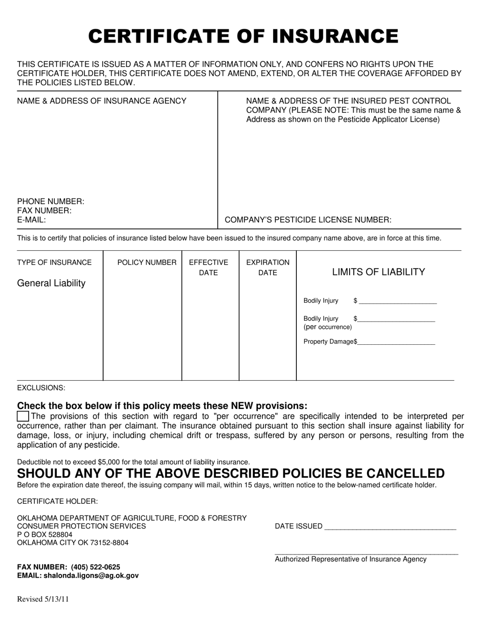 Certificate of Insurance - Oklahoma, Page 1