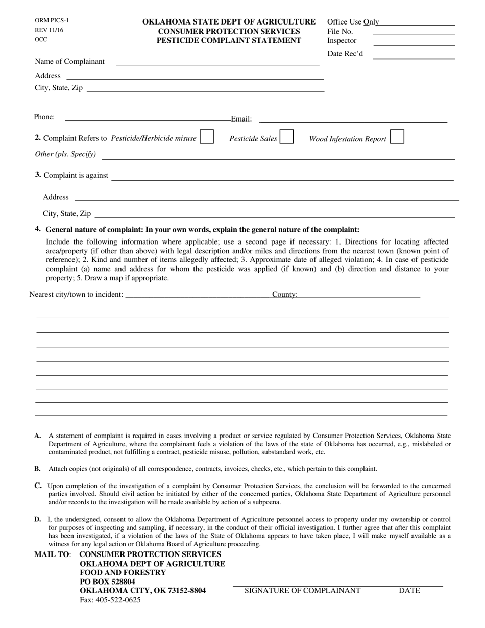 Form ORM PICS-1 Pesticide Complaint Statement - Oklahoma, Page 1