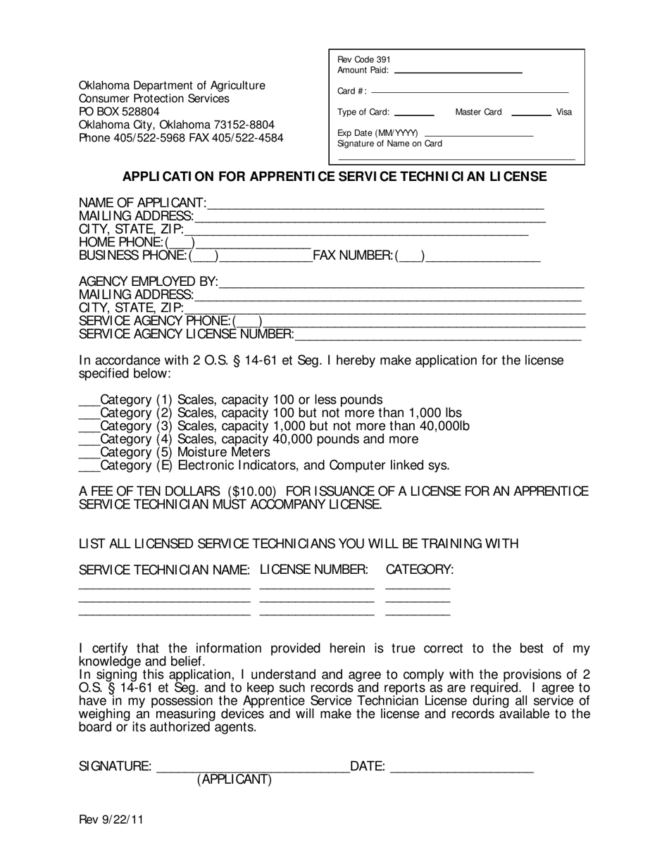 Oklahoma Application for Apprentice Service Technician License Fill
