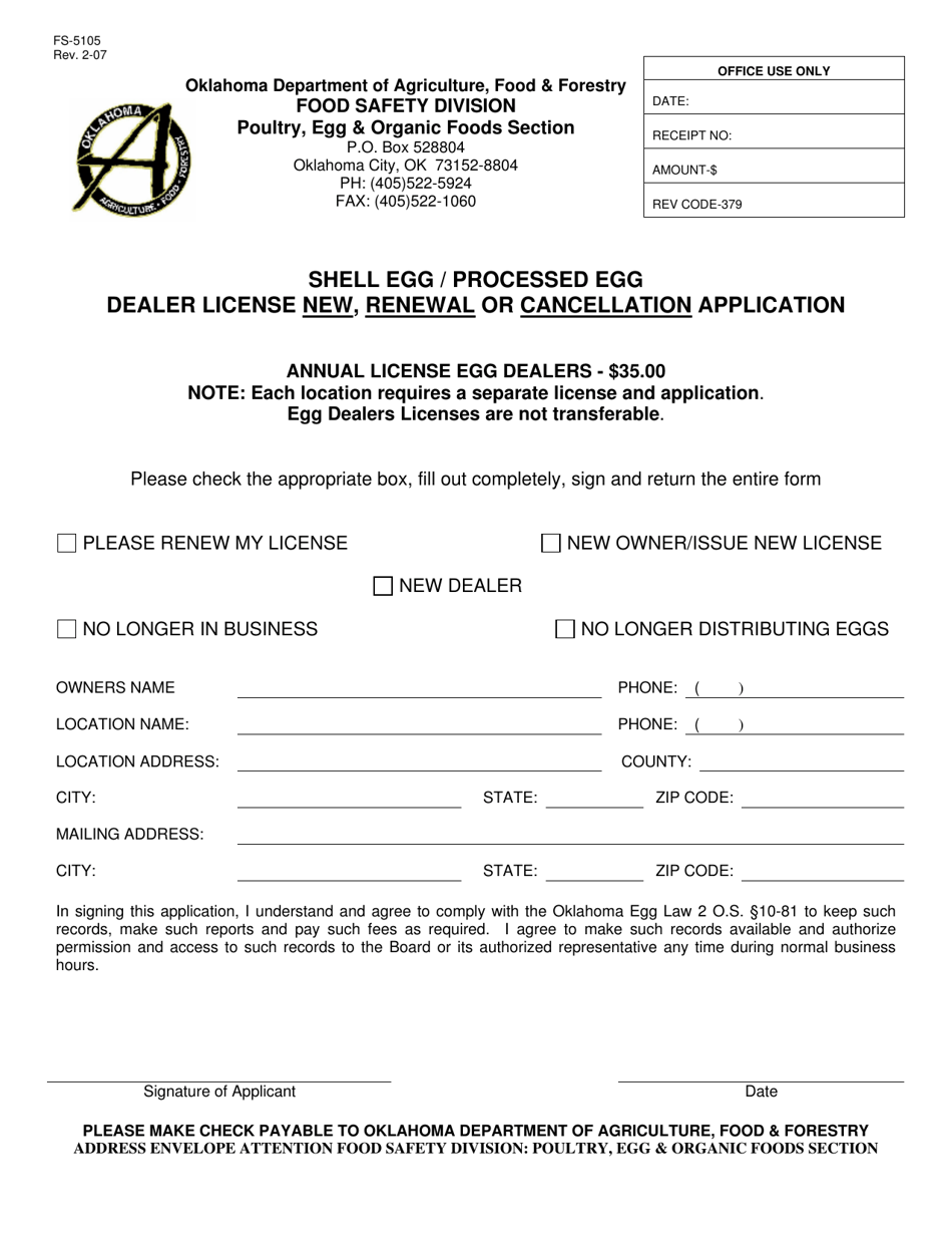 Form FS-5105 Shell Egg / Processed Egg Dealer License New, Renewal or Cancellation Application - Oklahoma, Page 1
