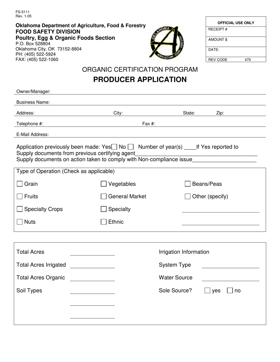Form FS-5111 Organic Certification Program Producer Application - Oklahoma, Page 1