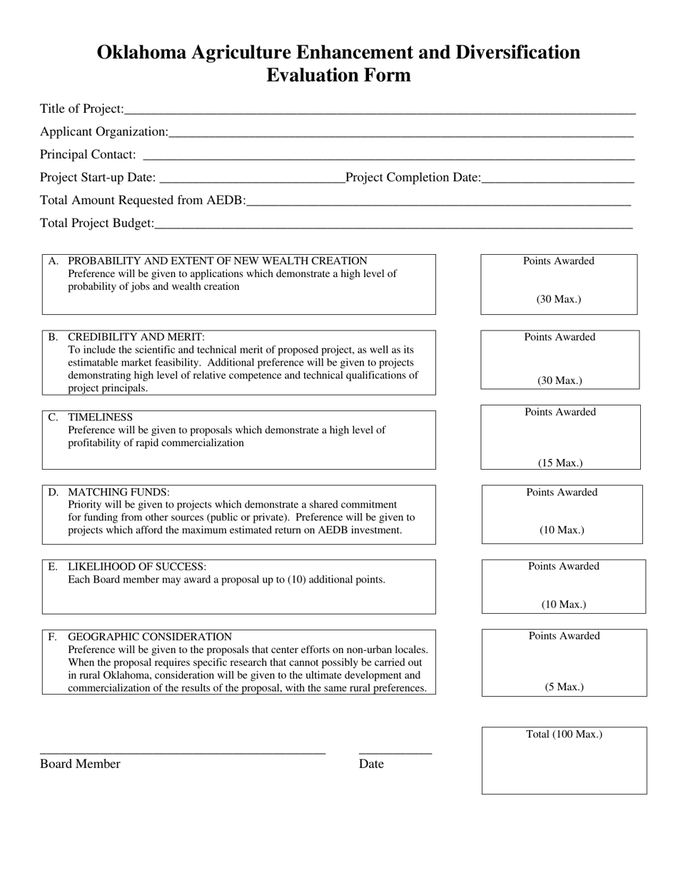 Oklahoma Agriculture Enhancement and Diversification Evaluation Form - Oklahoma, Page 1