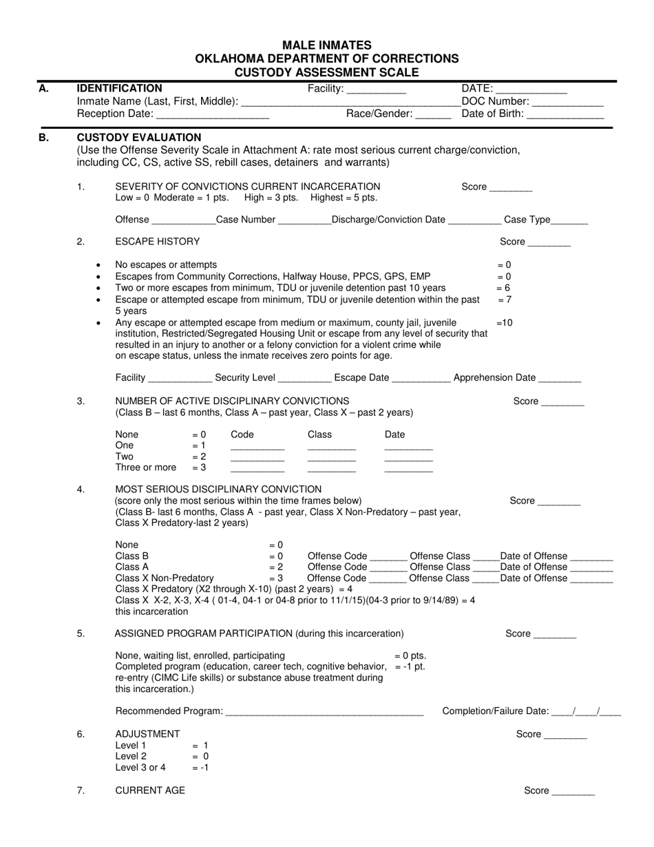DOC Form 060103A Male Inmates Custody Assessment Scale - Oklahoma, Page 1