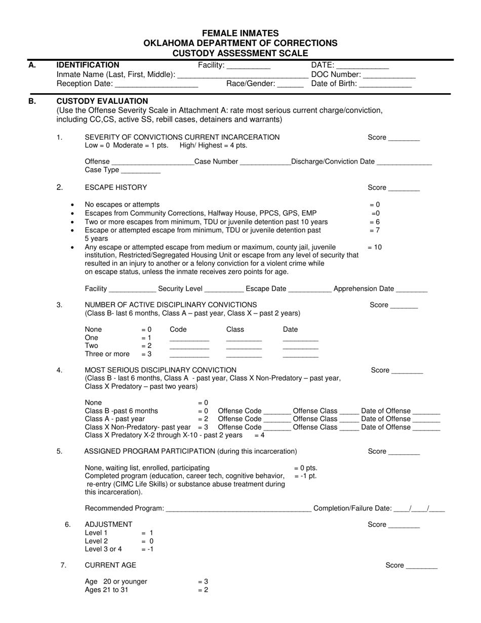 DOC Form 060103A Female Inmates Custody Assessment Scale - Oklahoma, Page 1