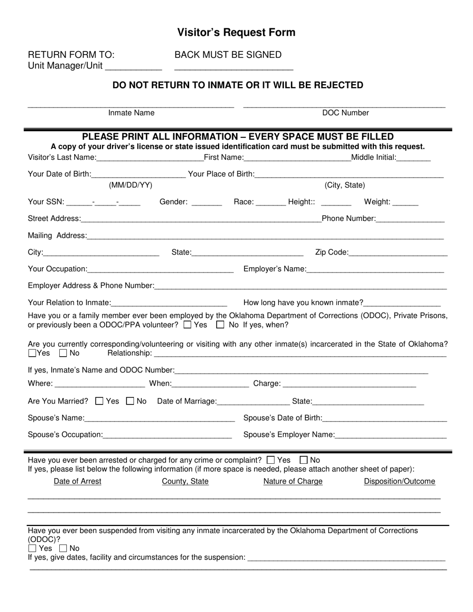 DOC Form OP-030118B Visitors Request Form - Oklahoma, Page 1