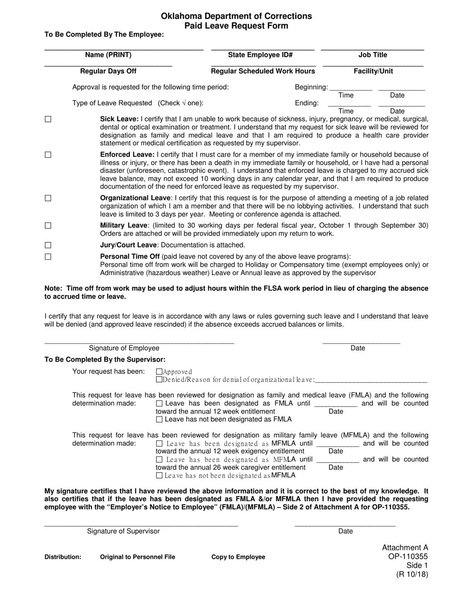 DOC Form OP-110355 Attachment A Paid Leave Request Form - Oklahoma, Page 1