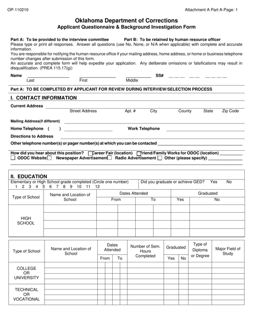 DOC Form OP-110210 Attachment A Applicant Questionnaire & Background Investigation Form - Oklahoma