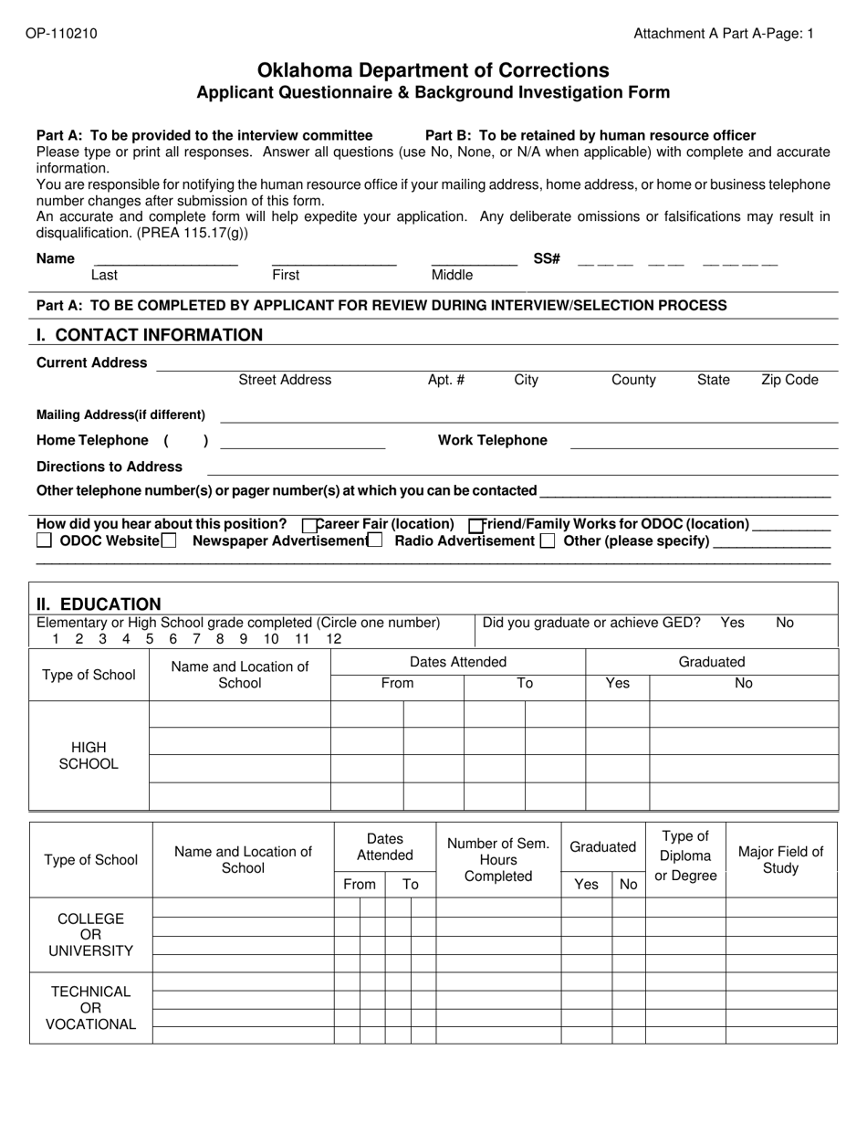 DOC Form OP-110210 Attachment A Applicant Questionnaire  Background Investigation Form - Oklahoma, Page 1