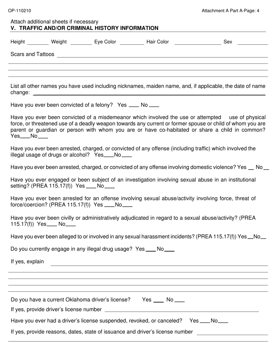 DOC Form OP-110210 Attachment A Applicant Questionnaire  Background Investigation Form - Oklahoma, Page 4