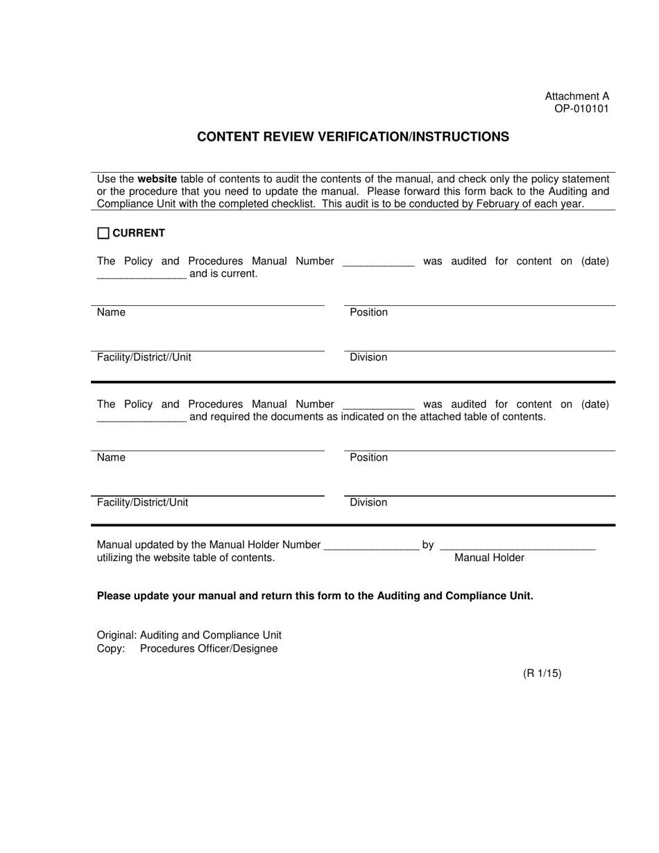 DOC Form OP-010101 Attachment A Content Review Verification / Instructions - Oklahoma, Page 1