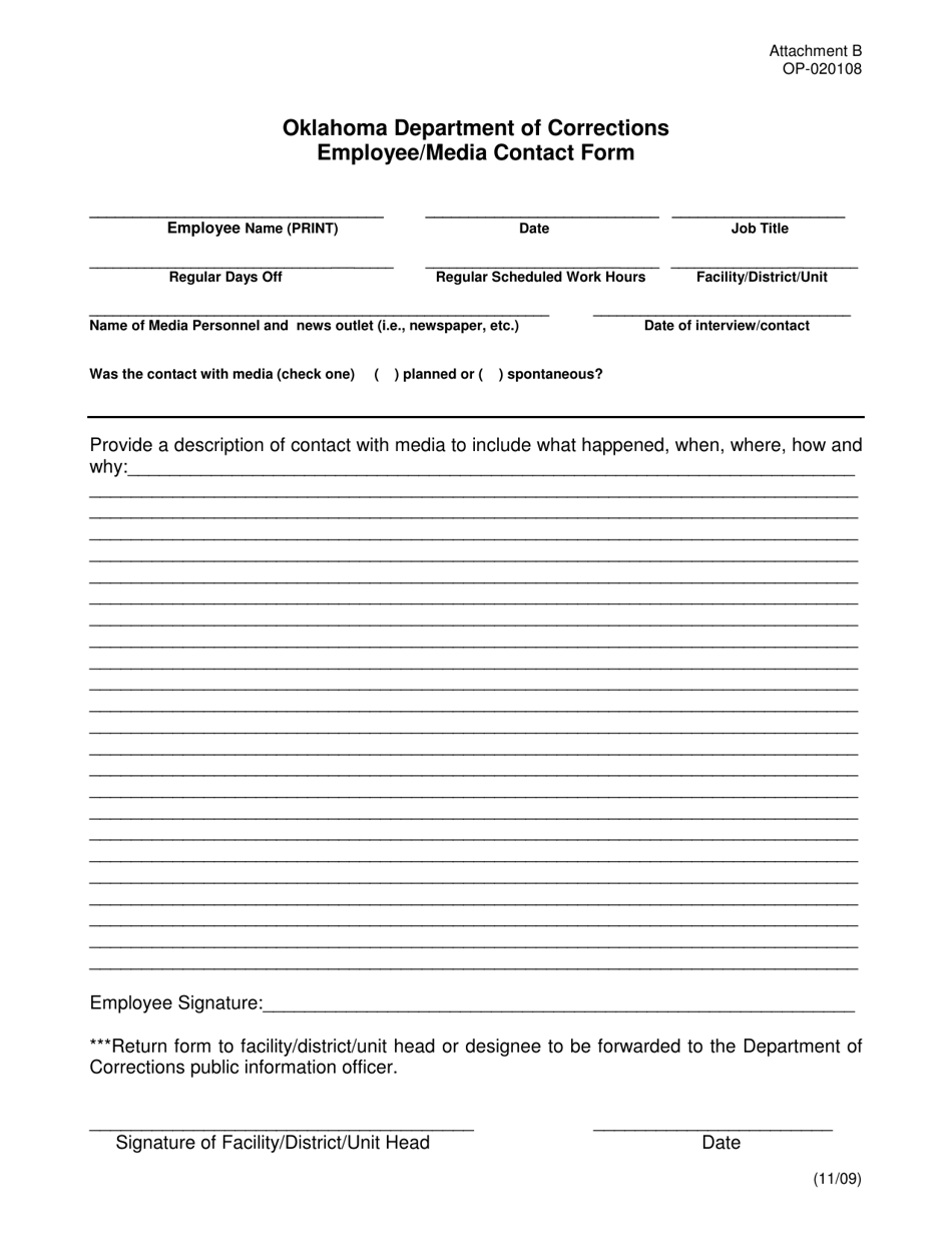 DOC Form OP-020108 Attachment B Employee / Media Contact Form - Oklahoma, Page 1