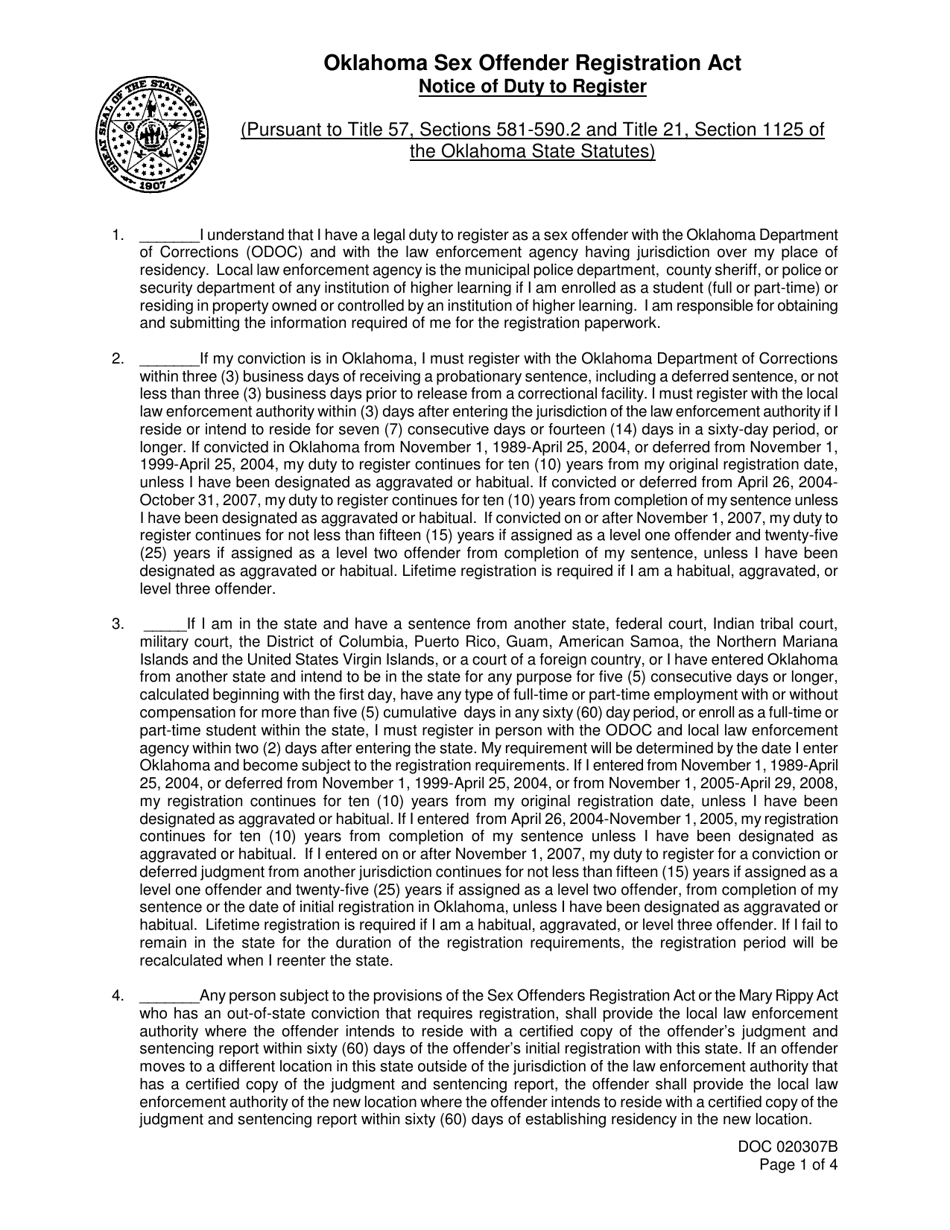 DOC Form OP-020307B Oklahoma Sex Offender Registration Act Notice of Duty to Register - Oklahoma, Page 1