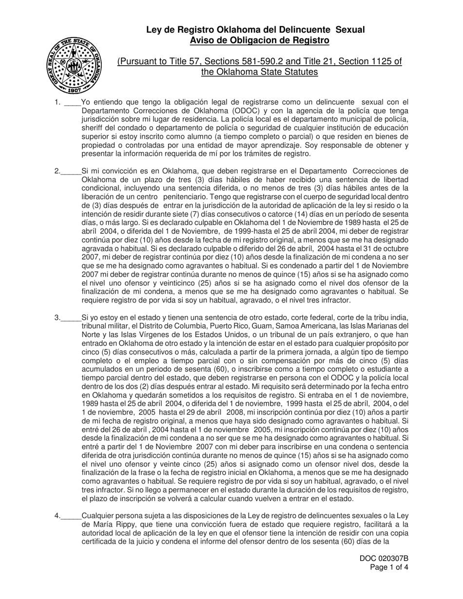 DOC Formulario OP-020307B Ley De Registro Oklahoma Del Delincuente Sexual - Aviso De Obligacion De Registro - Oklahoma (Spanish), Page 1