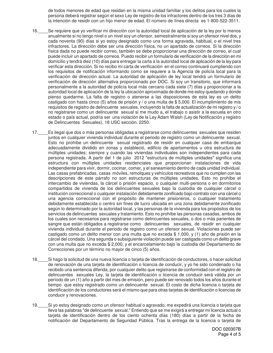 DOC Formulario OP-020307B Ley De Registro Oklahoma Del Delincuente Sexual - Aviso De Obligacion De Registro - Oklahoma (Spanish), Page 4