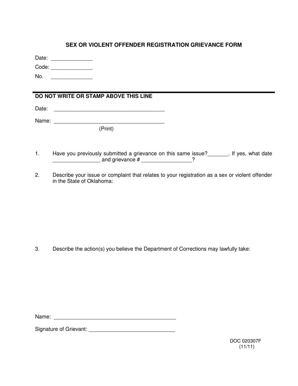 DOC Form OP-020307F Sex or Violent Offender Registration Grievance Form - Oklahoma, Page 1