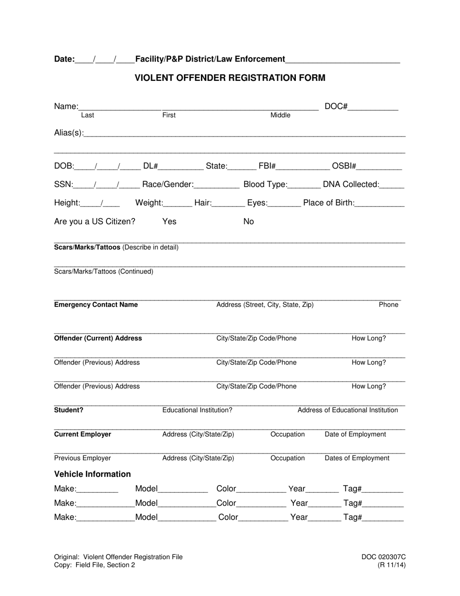 DOC Form OP-020307C Violent Offender Registration Form - Oklahoma, Page 1