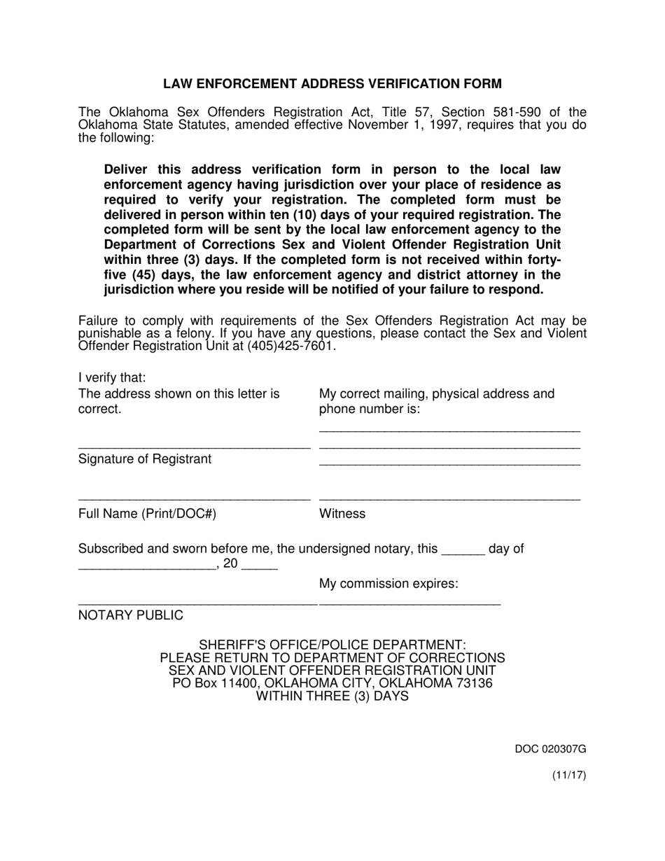 Form OP-020307G Law Enforcement Address Verification Form - Oklahoma, Page 1