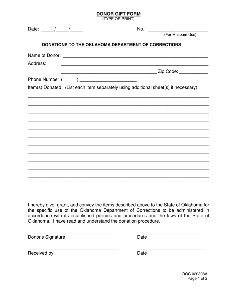 DOC Form OP-020308A Donor Gift Form - Oklahoma, Page 1