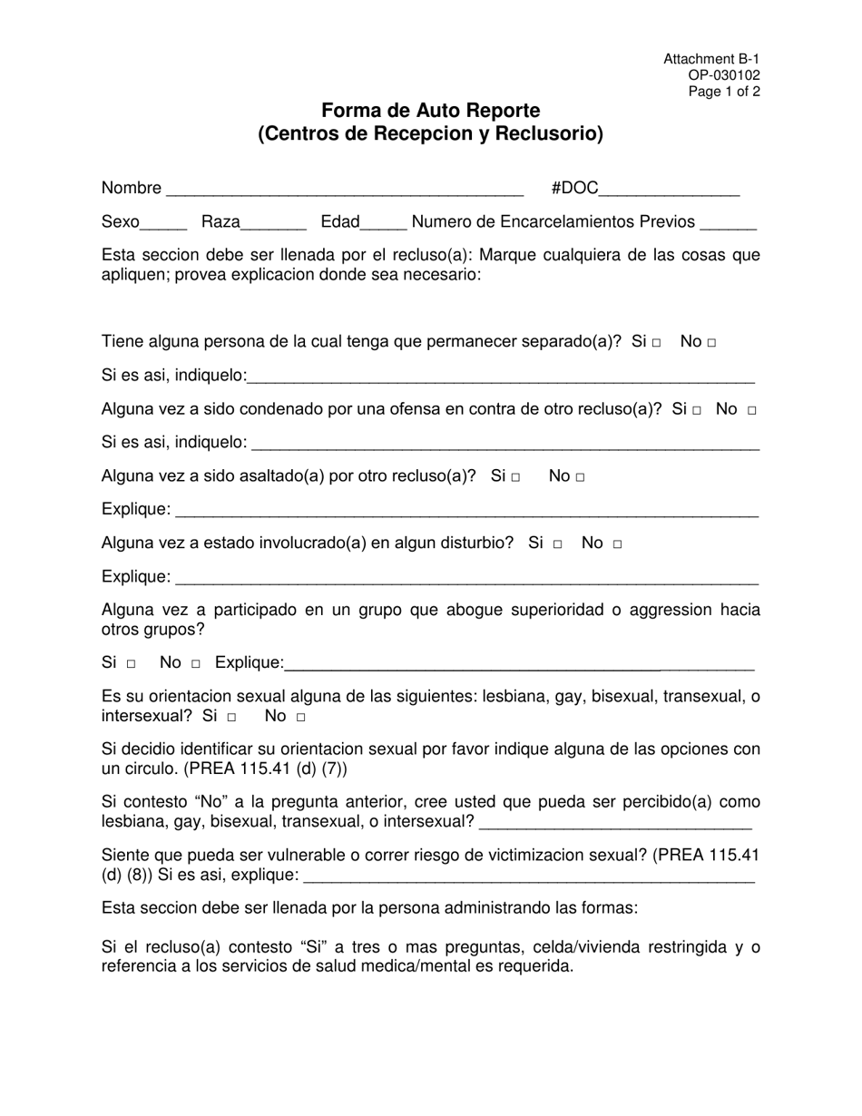 Formulario OP-030102 Adjunto B-1 Forma De Auto Reporte (Centros De Recepcion Y Reclusorio) - Oklahoma (Spanish), Page 1