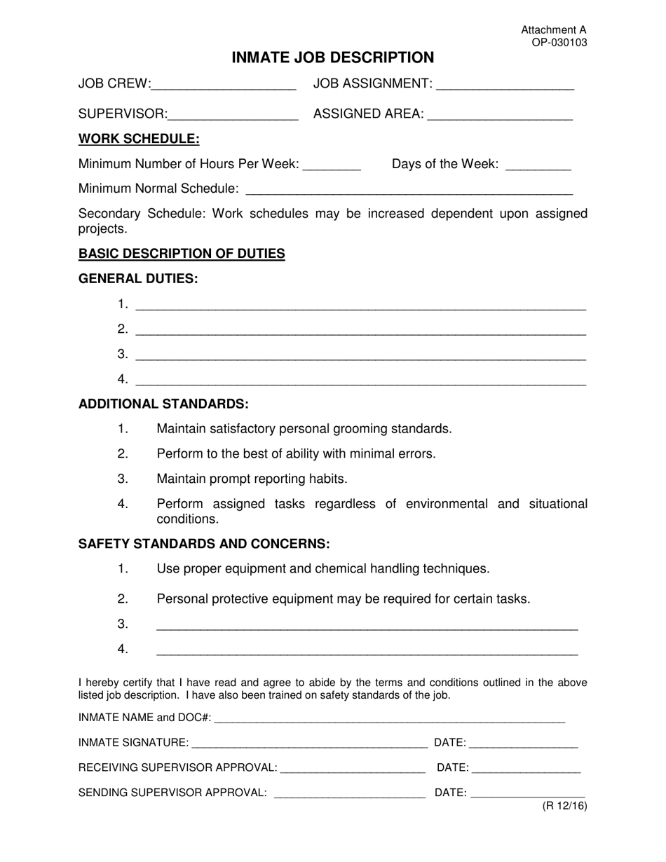 Form OP-030103 Attachment A Inmate Job Description - Oklahoma, Page 1