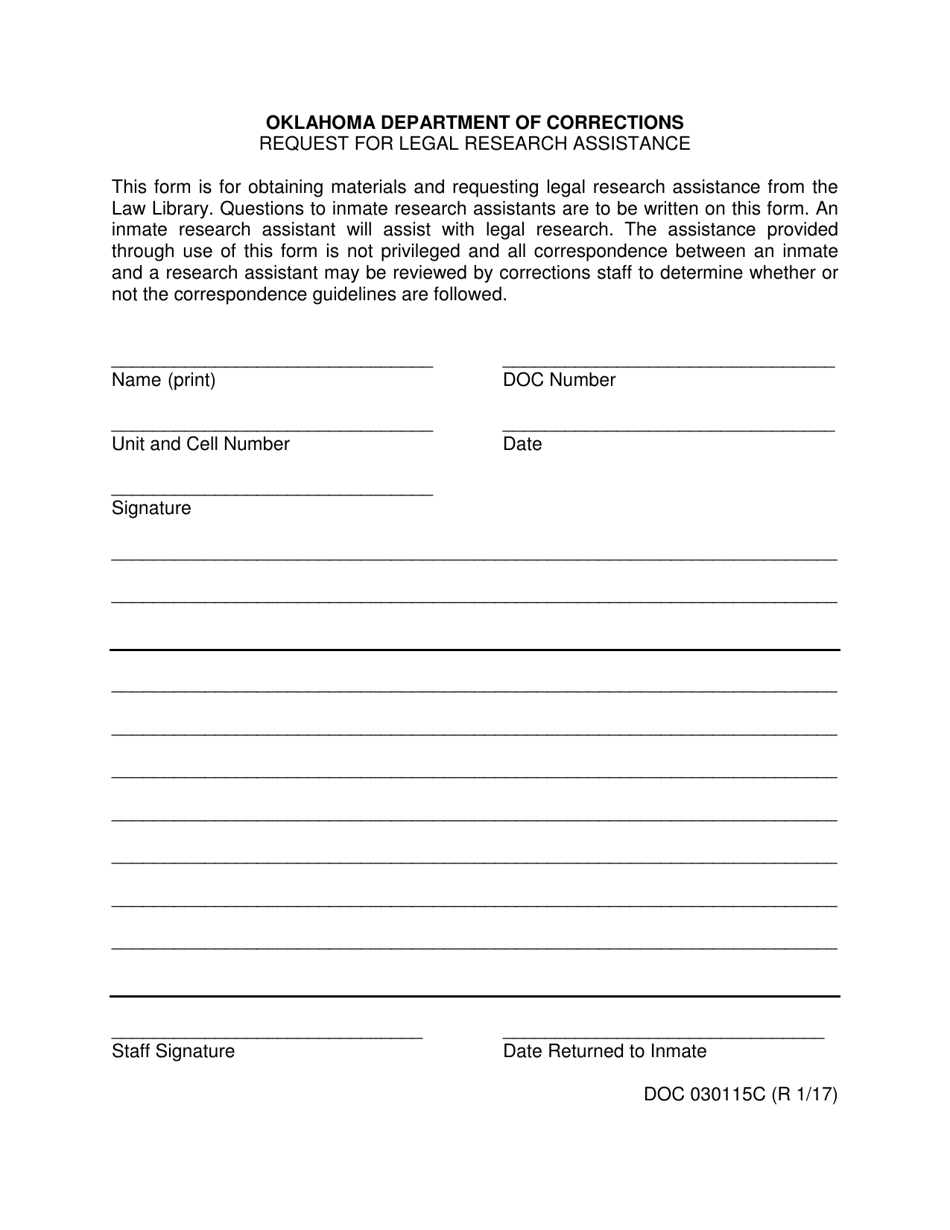 DOC Form 030115C Request for Legal Research Assistance - Oklahoma, Page 1