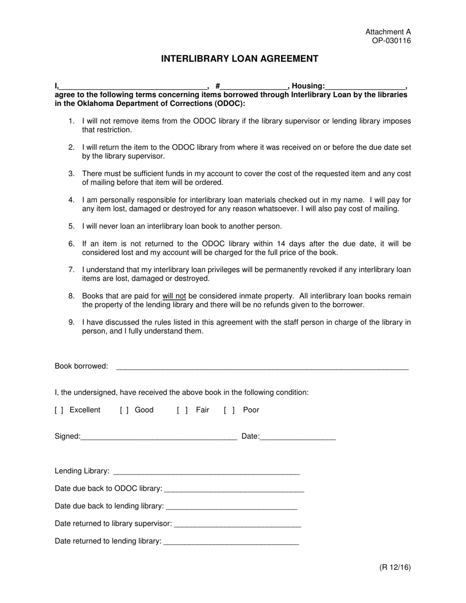 Form OP-030116 Attachment A Interlibrary Loan Agreement - Oklahoma, Page 1