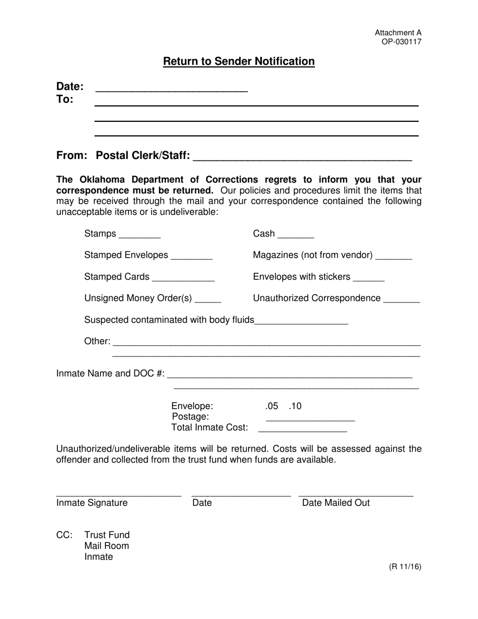 Form OP-030117 Attachment A Return to Sender Notification - Oklahoma, Page 1