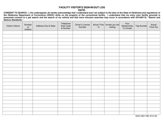 Document preview: DOC Form OP-030118E Facility Visitor's Sign-In/Out Log - Oklahoma