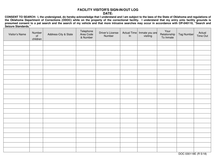 DOC Form OP-030118E Facility Visitor's Sign-In/Out Log - Oklahoma