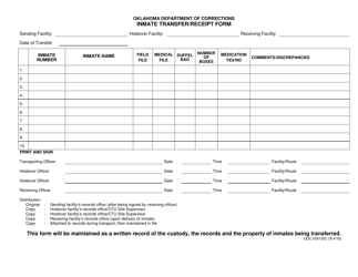 Document preview: DOC Form OP-030120C Inmate Transfer/Receipt Form - Oklahoma