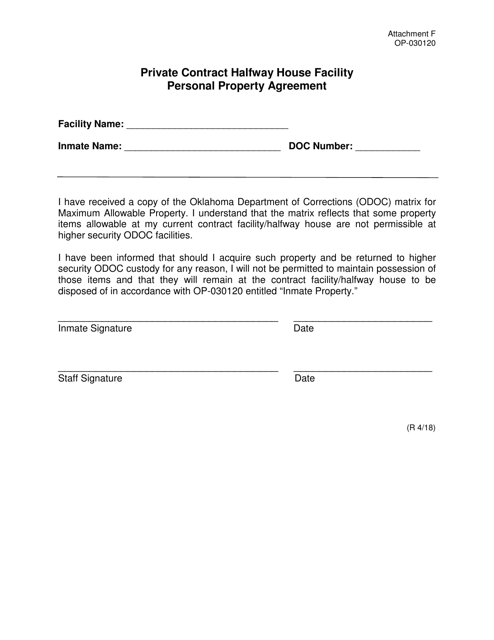 Form OP-030120 Attachment F Private Contract Halfway House Facility Personal Property Agreement - Oklahoma