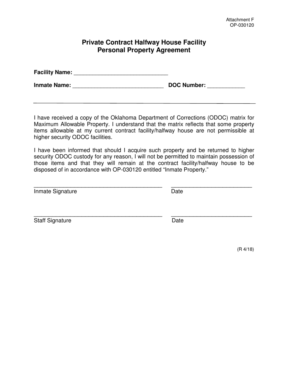Form OP-030120 Attachment F Private Contract Halfway House Facility Personal Property Agreement - Oklahoma, Page 1