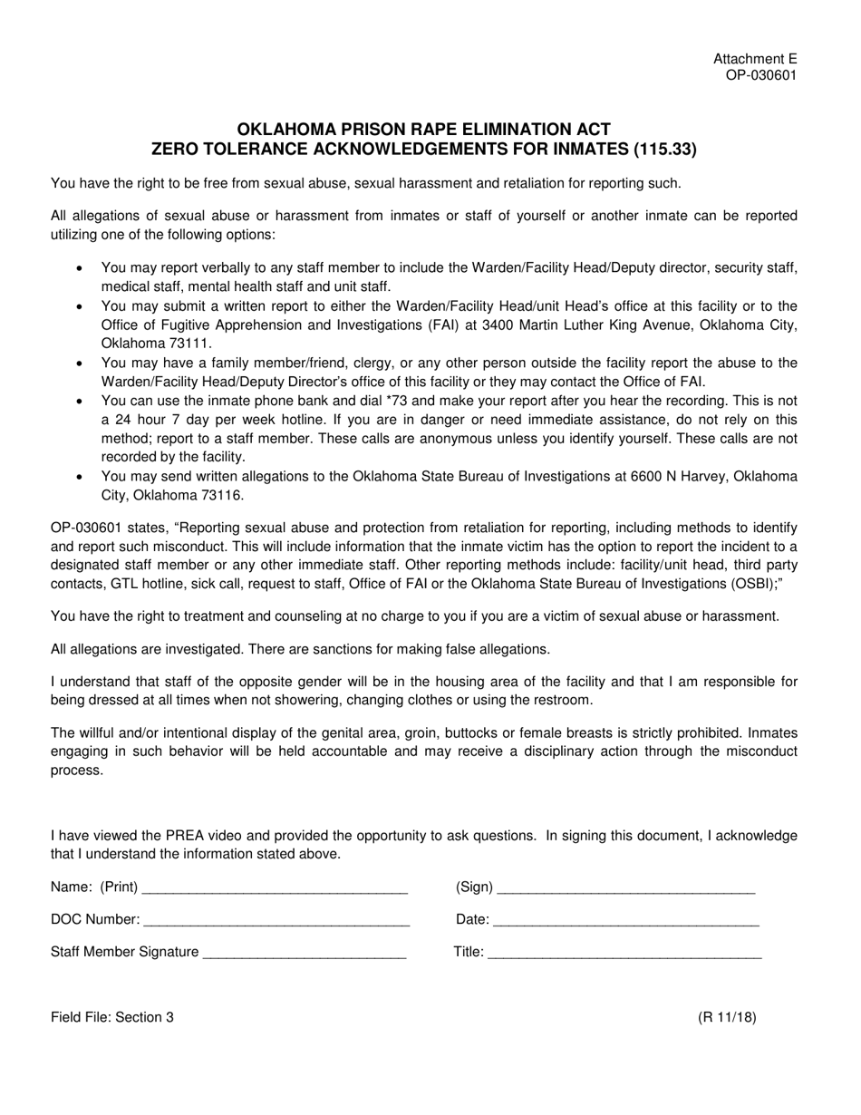 Form OP-030601 Attachment E Oklahoma Prison Rape Elimination Act Zero Tolerance Acknowledgement for Inmates - Oklahoma, Page 1
