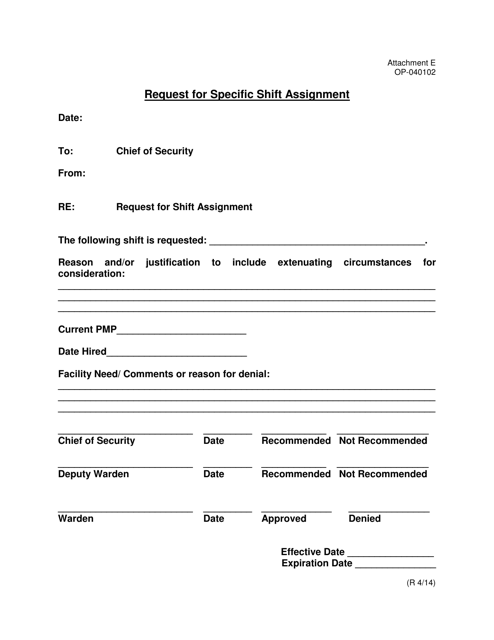 Form OP-040102 Attachment E Request for Specific Shift Assignment - Oklahoma