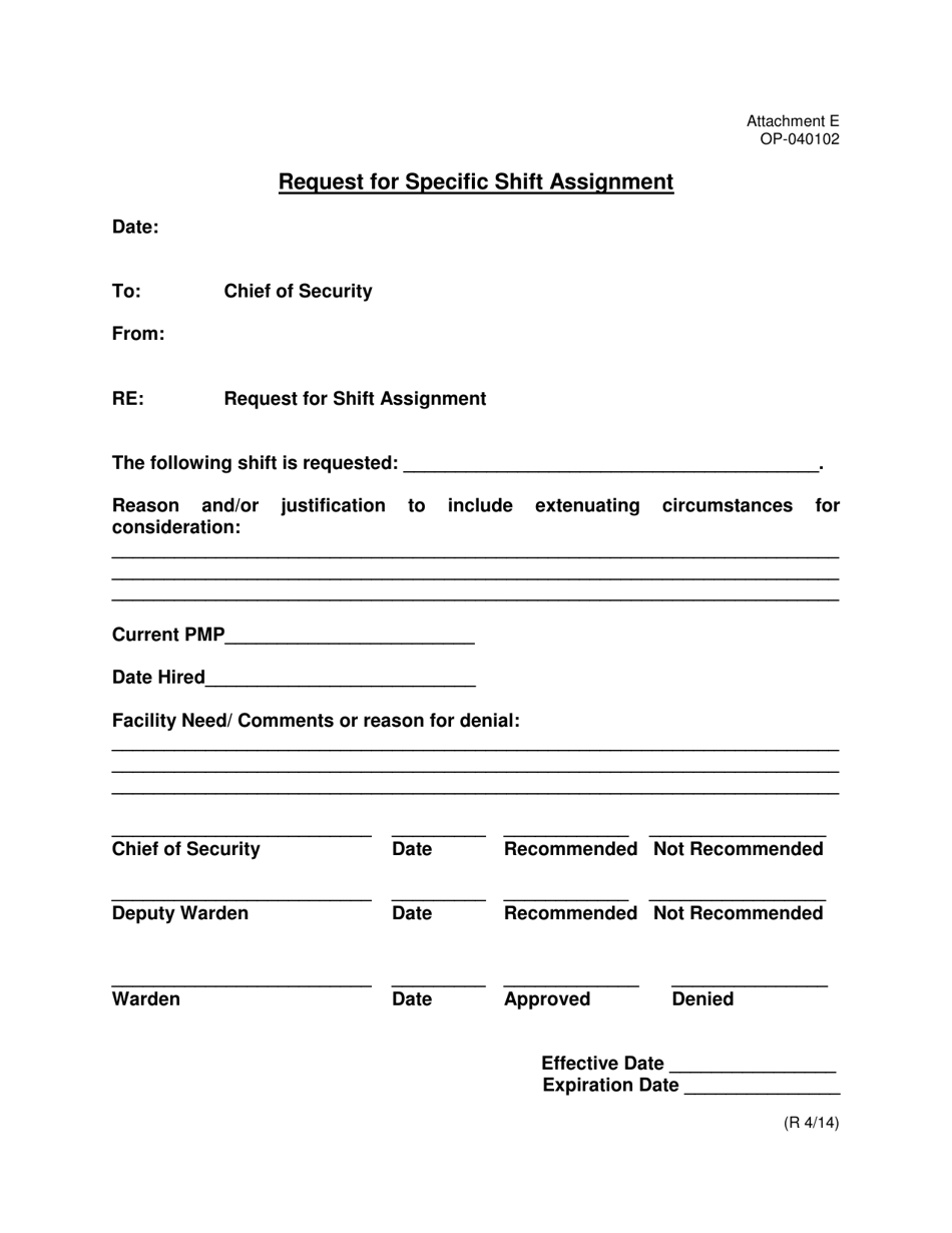 Form OP-040102 Attachment E Request for Specific Shift Assignment - Oklahoma, Page 1