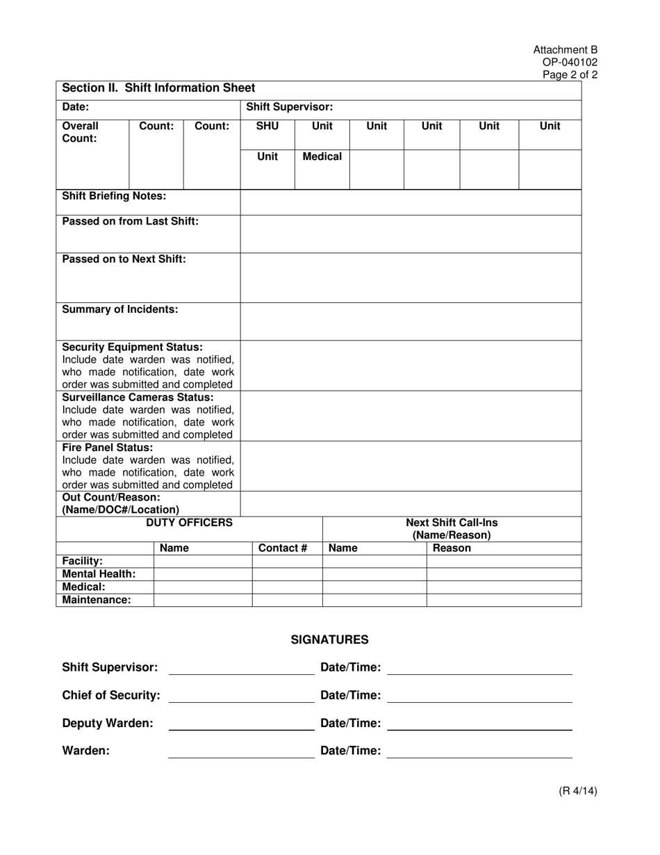 DOC Form OP-040102 Attachment B Shift Supervisors Daily Report - Oklahoma, Page 2