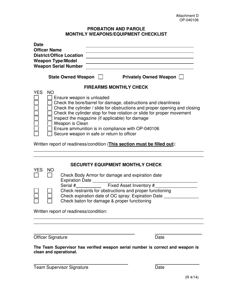 Form OP-040106 Attachment D Probation and Parole Monthly Weapons / Equipment Checklist - Oklahoma, Page 1