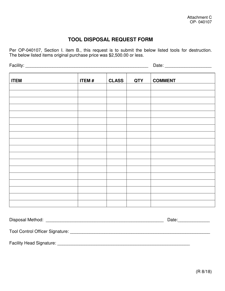 DOC Form OP-040107 Attachment C Tool Disposal Request Form - Oklahoma, Page 1