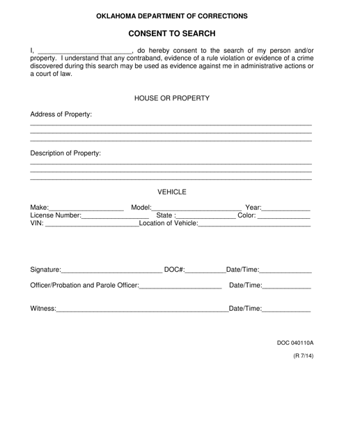 DOC Form OP-040110A Consent to Search - Oklahoma