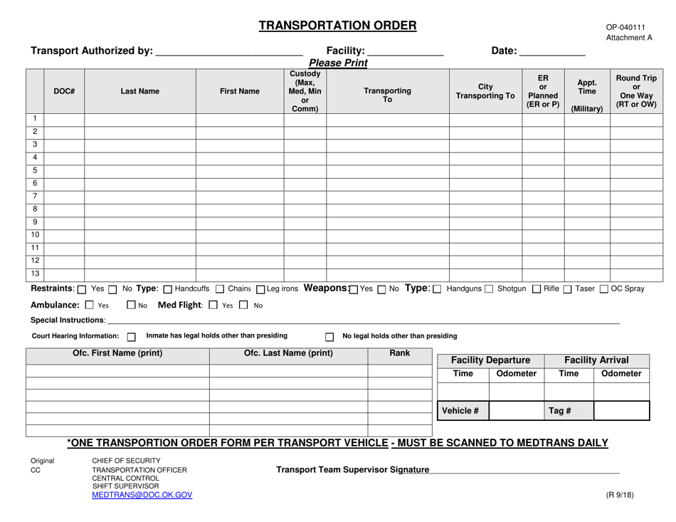 DOC Form OP-040111 Attachment A Transportation Order - Oklahoma, Page 1
